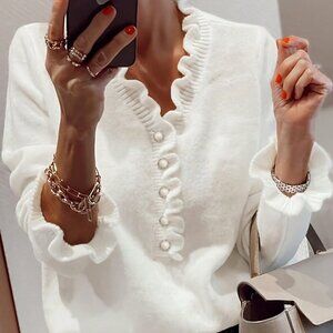 White Casual Women's Autumn/Winter Solid Color Frilled Edge V-Neck Sweater